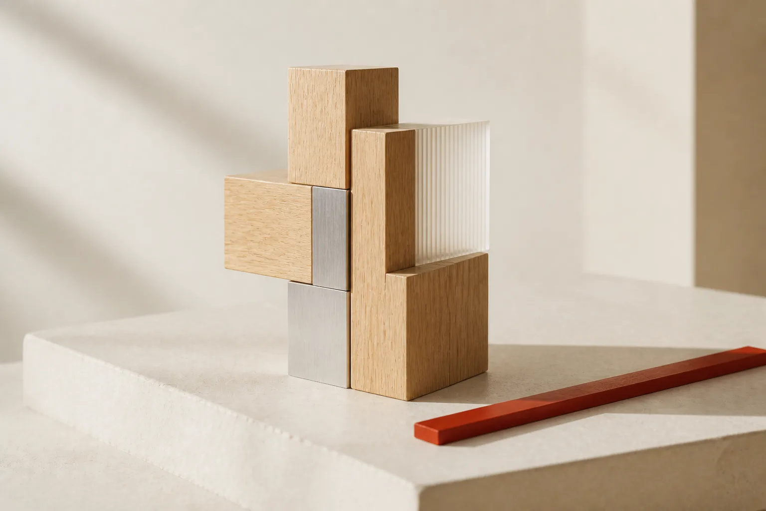 Machined wooden, glass and aluminium modules interlocked into a single assembled form beside a slim terracotta rule.