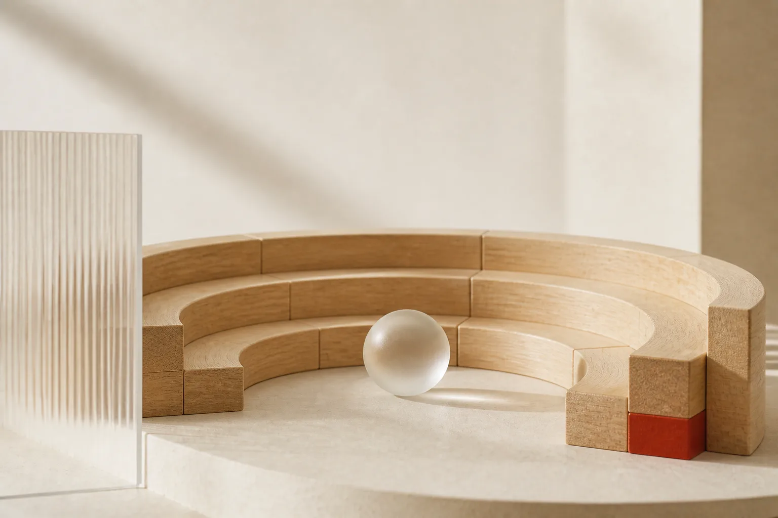 Concentric wooden tiers curved into a small amphitheatre with a frosted glass sphere resting at the centre.