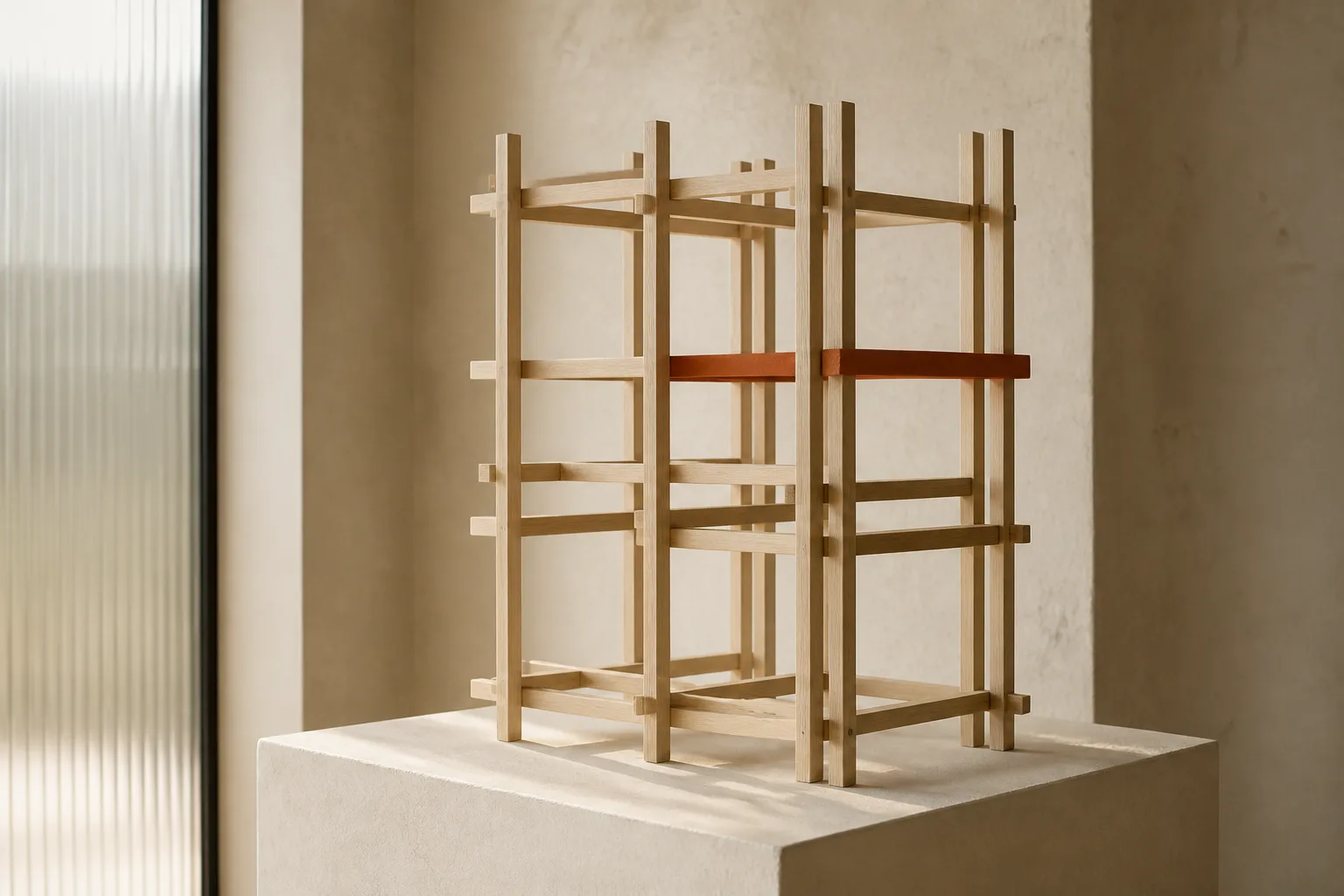 A pale oak scaffold lattice on a cream plaster plinth with one terracotta beam set into the frame.