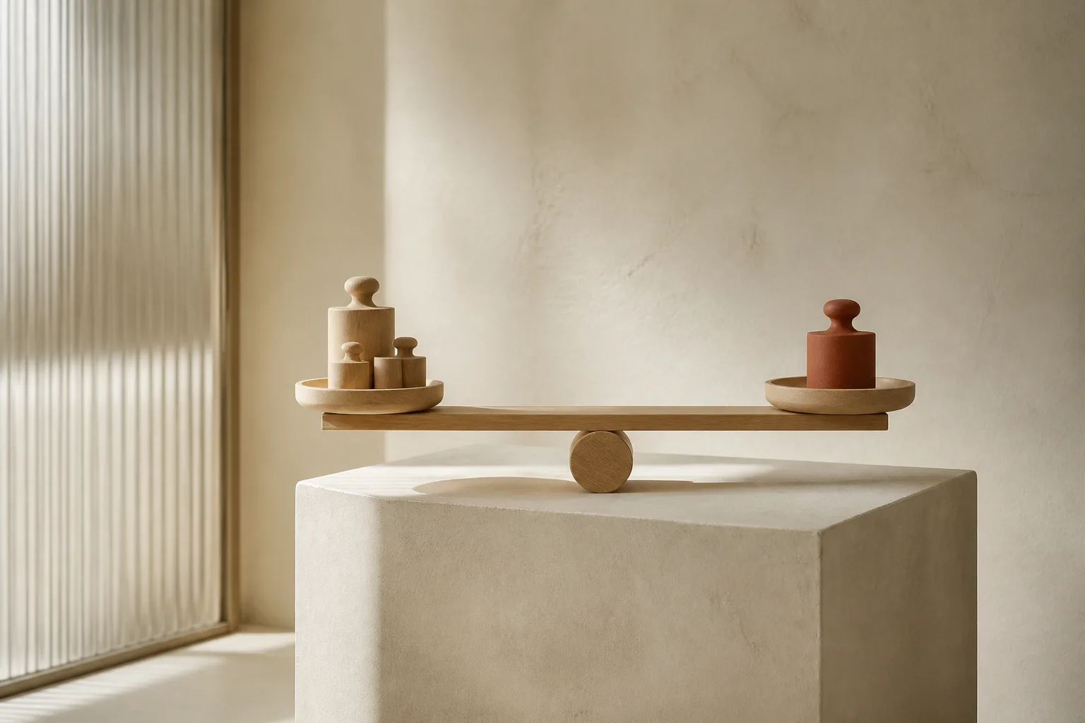 A pale oak balance beam on a cream plinth, level, with a single terracotta counterweight on one side.