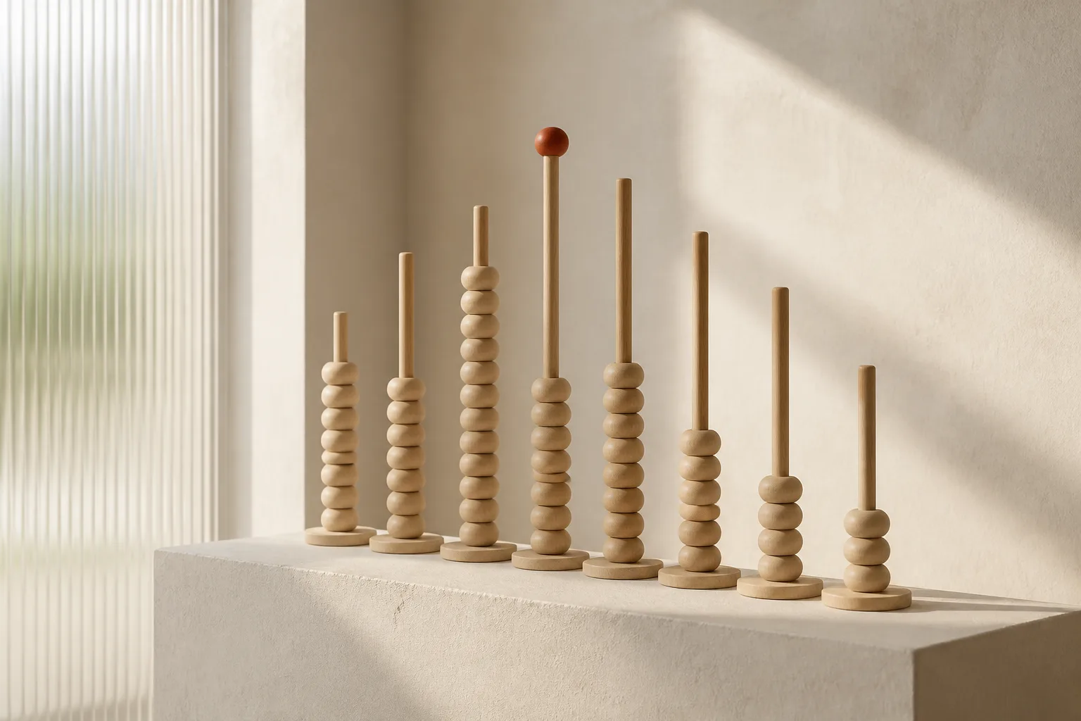 A row of upright pale oak counting columns on a cream plinth with a single terracotta bead raised on one column.