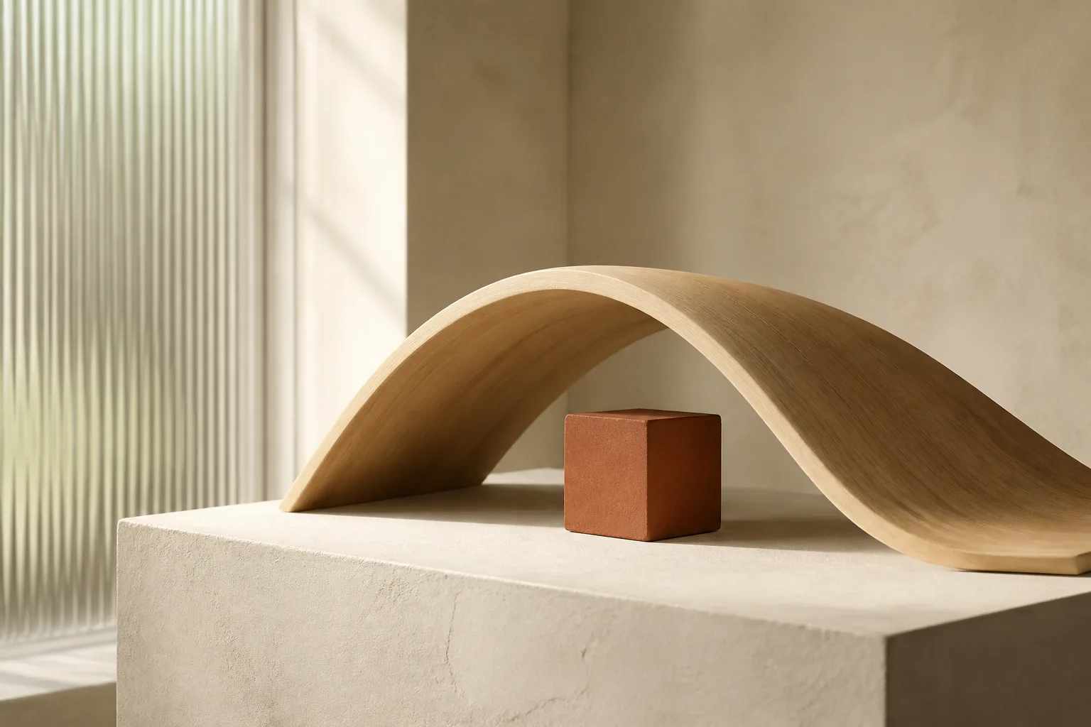 A broad pale oak canopy form sheltering a small terracotta block on a cream plaster plinth.
