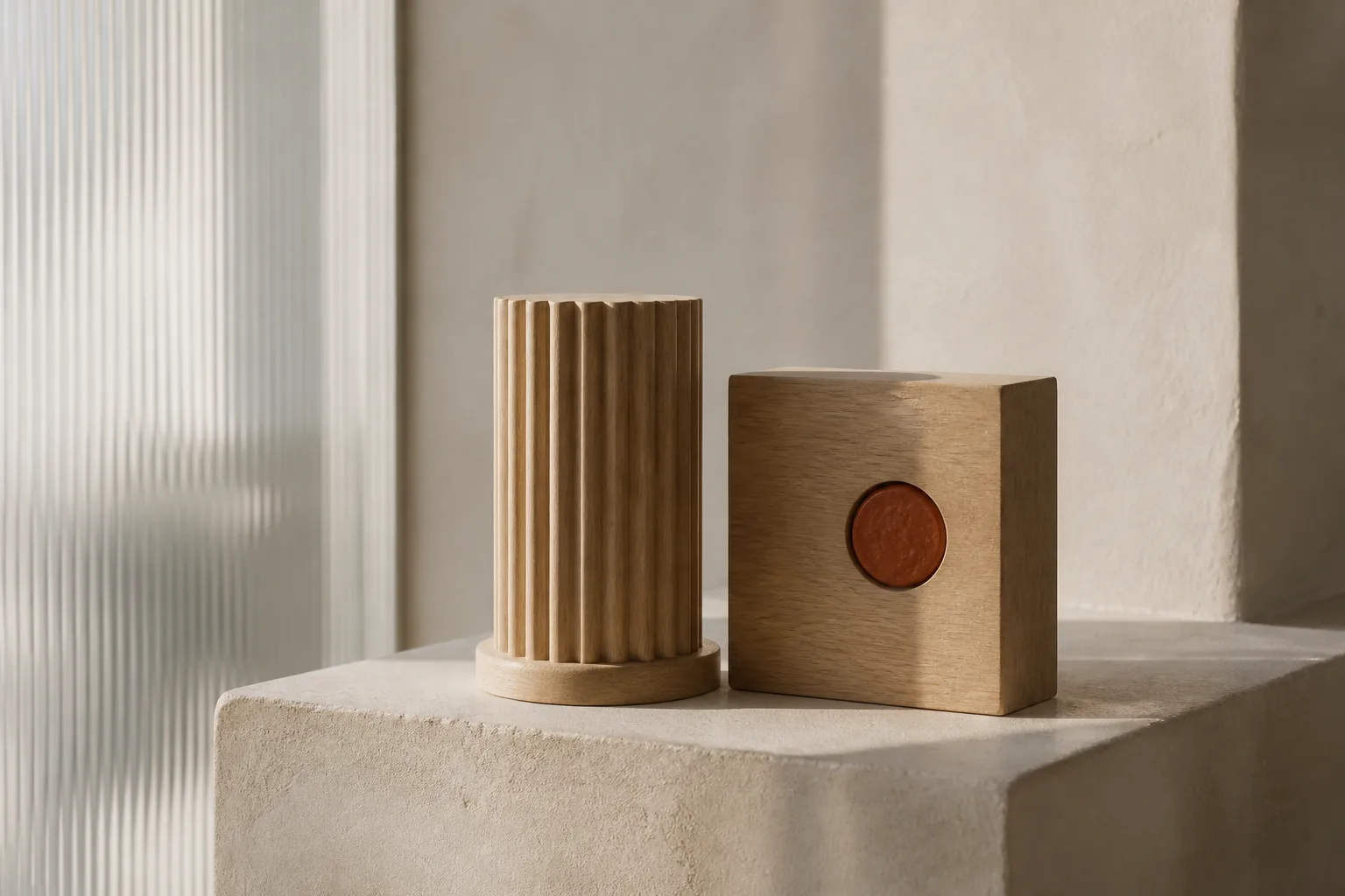 A pale oak column and block form on a cream plinth with a single terracotta seal set into the face.