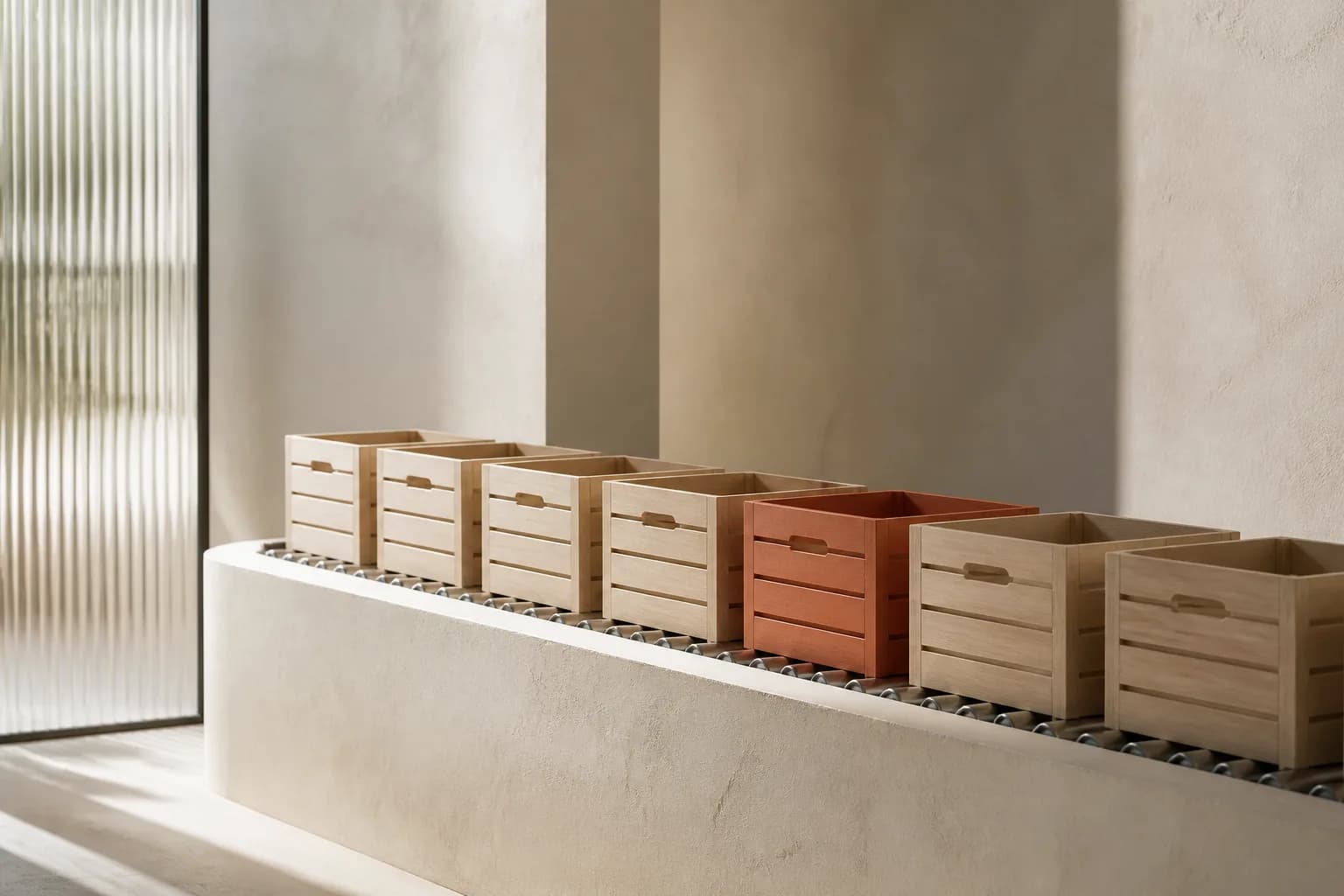 A row of pale oak crates on a cream conveyor plinth with a single terracotta crate among them.