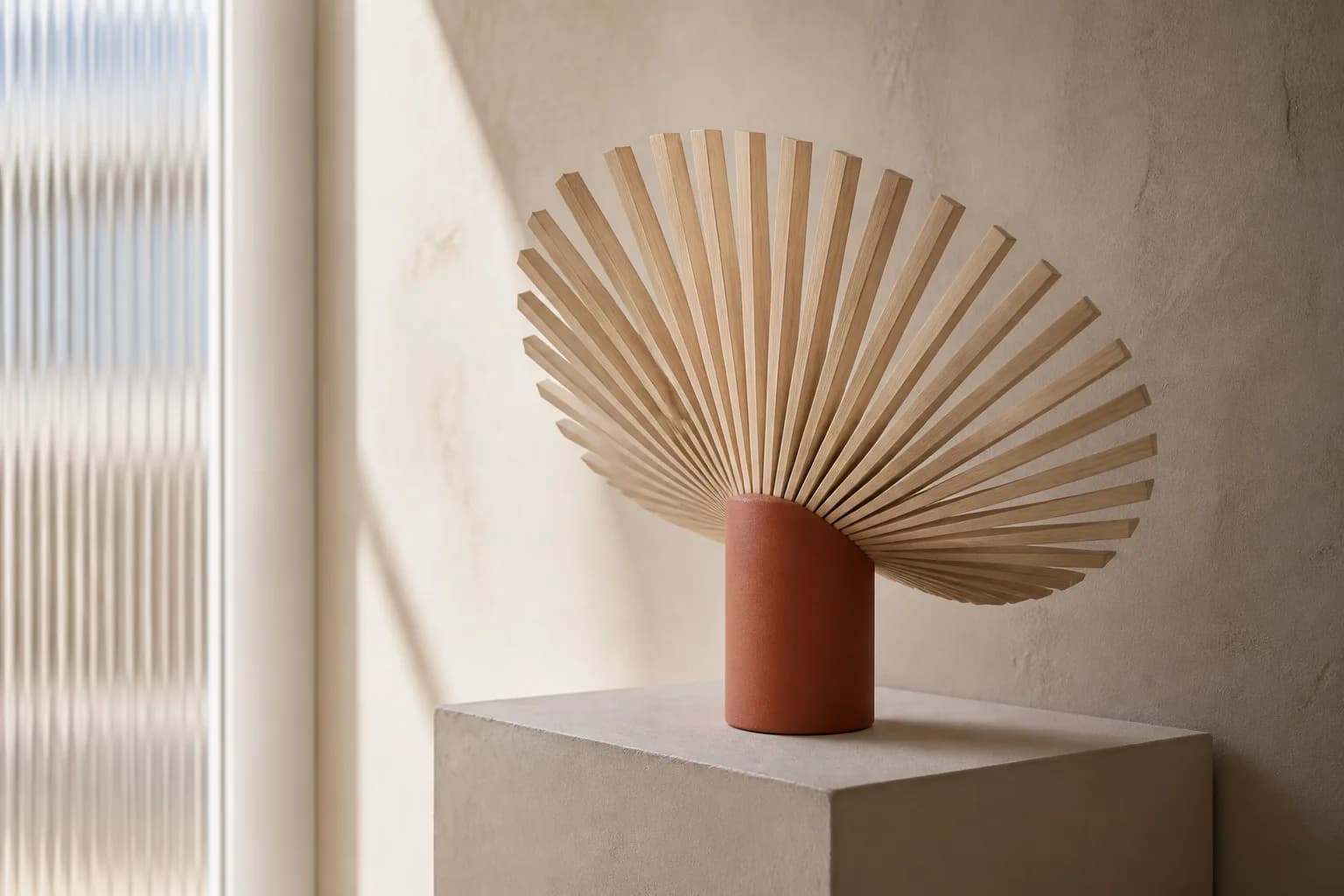 Radiating pale oak fins fanning out from a terracotta core on a cream plaster plinth.