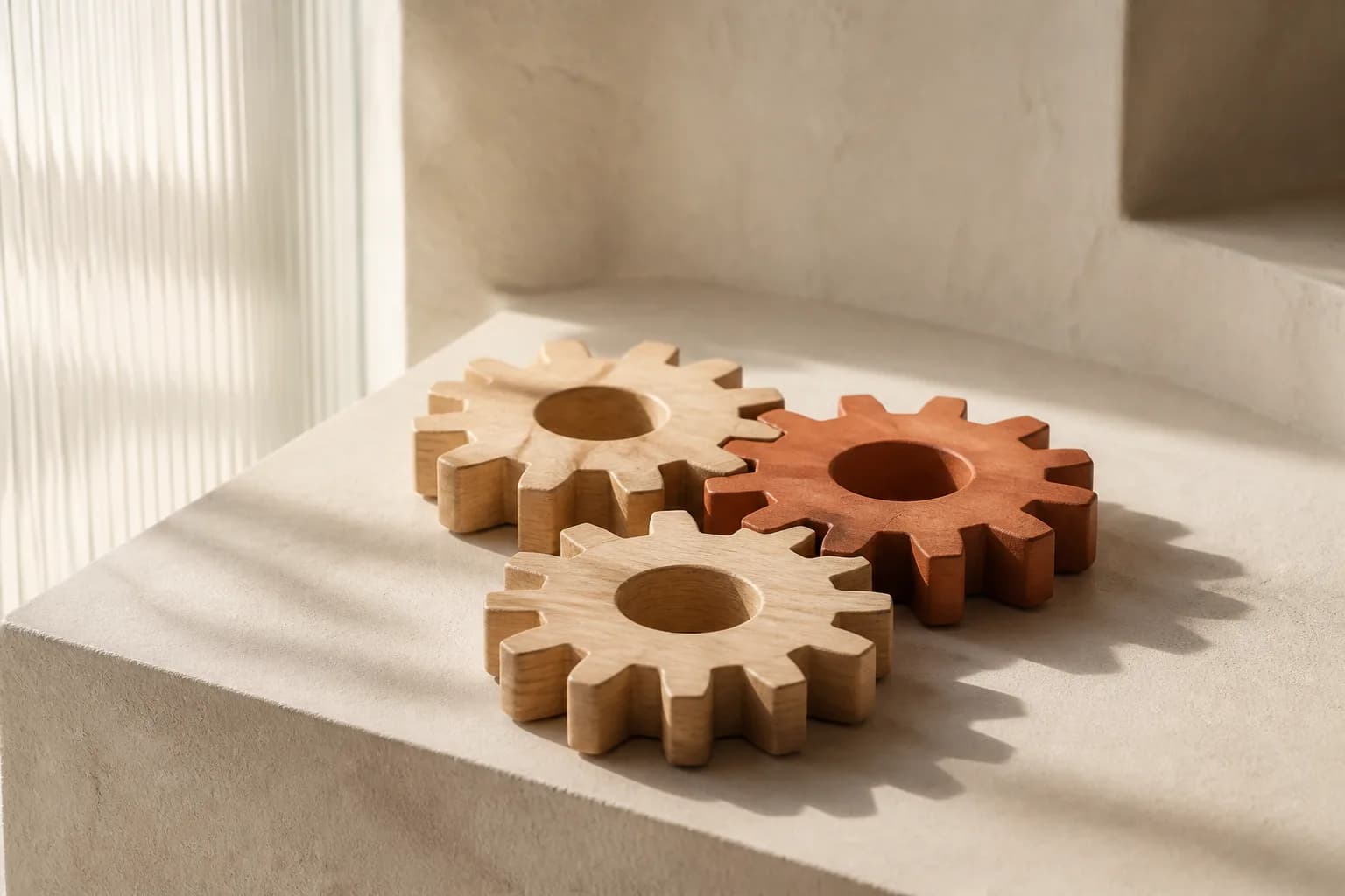 Interlocking pale oak gears resting on a cream plaster plinth with one terracotta gear driving the set.